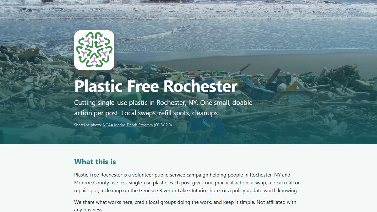 The Plastic Free Rochester website as it looks live, a one-page site built by Daniel Irving